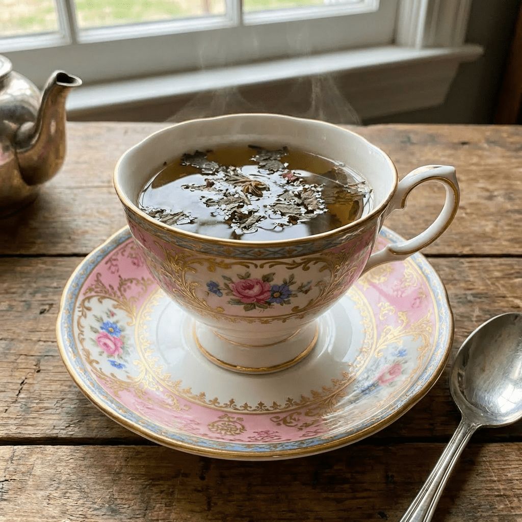 A steaming decorative teacup filled with herbal tea containing chamomile flowers and rose petals.
